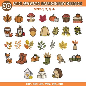 Puede incluir: Una colección de 30 mini diseños de bordado de otoño con iconos como calabazas, hojas, setas, un zorro, un erizo, un suéter, botas y una taza de café. El texto dice 30 MINI AUTUMN EMBROIDERY DESIGNS SIZES 1, 2, 3, 4 y EXP- DST- JEF- VPS- PES- PDF.