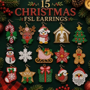 Puede incluir: Una colección de 15 pendientes navideños bordados FSL con diseños festivos que incluyen un bastón de caramelo, reno, pingüino, nacimiento, árbol, muñeco de nieve, copo de nieve, trineo, flor de pascua, hombre de jengibre, calcetín, estrella, regalo, pájaro y Santa.