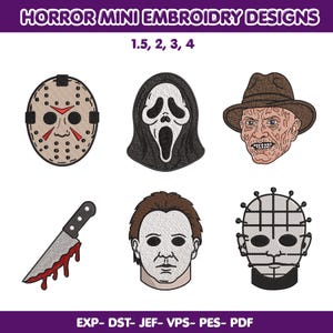 Puede incluir: Una colección de seis diseños de bordado de terror etiquetados como HORROR MINI EMBROIDERY DESIGNS. El conjunto incluye una máscara de hockey, una máscara de fantasma, una cara con cicatrices y sombrero, un cuchillo ensangrentado, una máscara blanca.