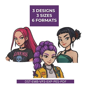 Może przedstawiać: Cyfrowy wzór haftu przedstawiający trzy stylizowane postacie kobiece o różnych fryzurach i strojach. Obraz zawiera tekst „3 DESIGNS, 3 SIZES, 6 FORMATS” i „LOVE MIS”.
