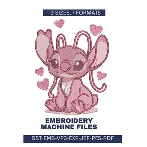 Può includere: Un disegno ricamato rosa raffigurante un personaggio dei cartoni animati con grandi orecchie e cuori. Il testo "9 MISURE, 7 FORMATI" è in alto e "FILE PER MACCHINA DA RICAMO" in basso, con i formati dei file.