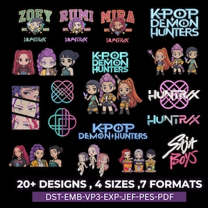 Può includere: Una collezione di design a tema K-Pop con illustrazioni di ragazze dei cartoni animati e testo. I design includono i nomi Zoey, Rumi e Mira, insieme al testo "K-Pop Demon Hunters" e "Skit Boys". L'immagine indica anche "20+ Designs, 4 Sizes, 7 Formats".