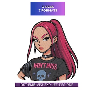 Può includere: Design ricamato raffigurante una donna con i capelli rosa raccolti in una coda di cavallo, che indossa un choker nero e una maglietta nera con la scritta "WON'T MISS" e una grafica a teschio. L'immagine include testo che indica dimensioni e formati.