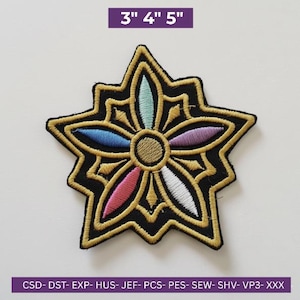 May include: Embroidered flower patch with a black background, gold trim, and colorful petals. The patch measures 3 inches wide, 4 inches high, and 5 inches diagonally. The text "3" 4" 5" is at the top. The bottom text reads "CSD-DST-EXP- HUS- JEF-PCS- PES-SEW-SHV-VP3-XXX".