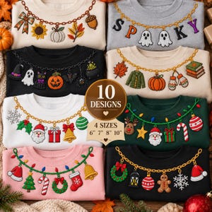 Puede incluir: Una colección de ocho sudaderas con diseños bordados de cadenas colgantes con varios dijes estacionales, incluyendo calabazas, fantasmas, adornos navideños e iconos festivos, dispuestos en una cuadrícula con una etiqueta circular central.