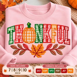 May include: A light pink sweatshirt featuring the word THANKFUL in a multi-colored gingham pattern, with an orange pumpkin replacing the letter A. Below the text is a large orange maple leaf flanked by brown and red leaves on stems.