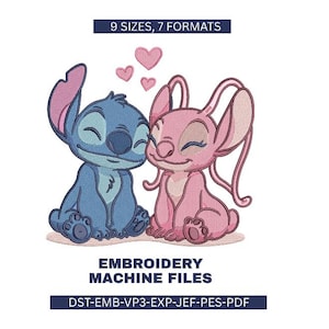 Op de afbeelding: Een borduurontwerp met twee stripfiguren, één blauw en één roze, met harten die boven hen zweven. De tekst "9 MATEN, 7 FORMATEN" en "BORDUURMACHINEBESTANDEN" zijn ook aanwezig.