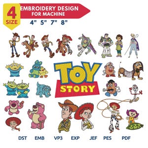 Könnte beinhalten: Eine digitale Stickmuster-Kollektion mit Toy Story-Figuren wie Woody, Buzz Lightyear und Jessie. Das Bild zeigt das Toy Story-Logo, Text mit 4 Größen von 4 bis 8 Zoll sowie die Dateiformate DST, EMB, VP3, EXP, JEF, PES und PDF.
