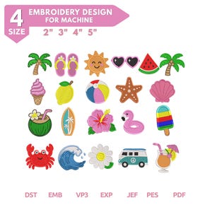 May include: A collection of colorful embroidery designs with a summer theme. Designs include a sun, sunglasses, watermelon, palm trees, ice cream, lemon, beach ball, starfish, seashell, coconut drink, surfboard, hibiscus flower, flamingo, popsicle, crab, wave, daisy, van, and cocktail. The text reads "EMBROIDERY DESIGN FOR MACHINE".