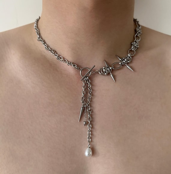 Silver Spike Chain Choker Necklace With Pearl Drop,y2k Punk Gothic 
