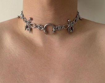 Gotiskt spikigt ringbrynjehalsband, cyberpunk lager-kedjehalsband, industriella Y2K Kpop-smycken, tungmetallkedja edgy unisex-halsband