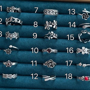 Peut inclure: Une collection de bagues argentées présentées sur une surface en velours bleu canard. Les bagues présentent divers motifs, notamment floraux, étoilés et géométriques. Certaines bagues ont des accents de pierres précieuses, d'autres des détails complexes.