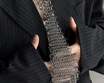 Silver Chainmail Necktie,Heavy duty Stainless Steel Ring Woven Tie,Unisex Industrial Punk Neckpiece,Gothic Avant-Garde Alternative Accessory
