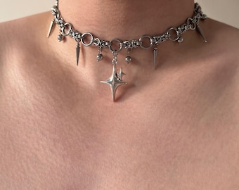 Cycber Punk Spike Choker Halsband, Stjärnhänge och Spikes Gotisk Kedja Choker, Chunky Metall Djärv, Y2K Alternativt Statement Halsband