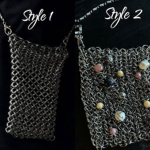 Handgjord ringbrynjad nätväska för telefon, Y2K grunge pärlstavfodral för nät, punk gotisk mobiltelefonväska, silverfärgad mini streetwear unisex metall axelrem bild 7
