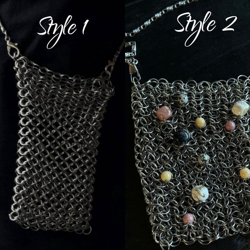 Handgjord ringbrynjad nätväska för telefon, Y2K grunge pärlstavfodral för nät, punk gotisk mobiltelefonväska, silverfärgad mini streetwear unisex metall axelrem bild 7