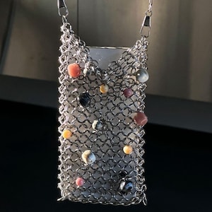 Handgjord ringbrynjad nätväska för telefon, Y2K grunge pärlstavfodral för nät, punk gotisk mobiltelefonväska, silverfärgad mini streetwear unisex metall axelrem 2