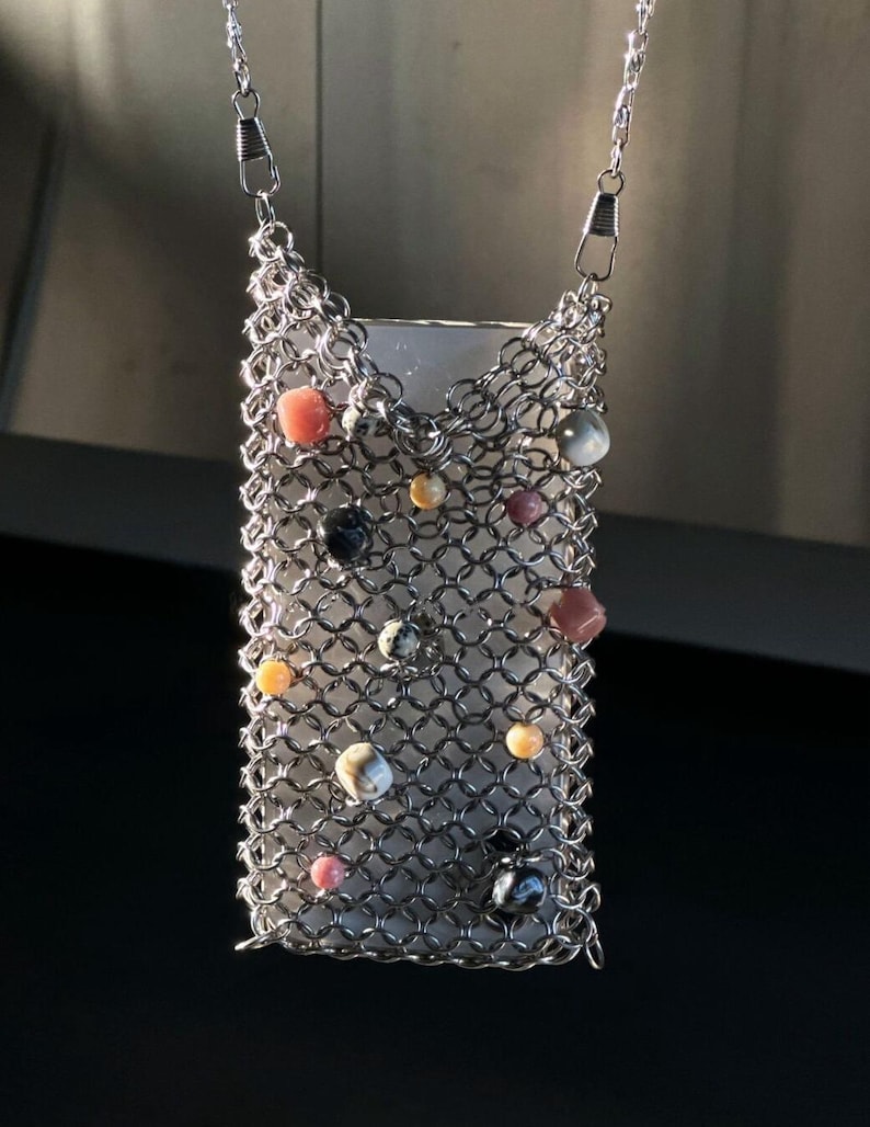 Handgjord ringbrynjad nätväska för telefon, Y2K grunge pärlstavfodral för nät, punk gotisk mobiltelefonväska, silverfärgad mini streetwear unisex metall axelrem 2