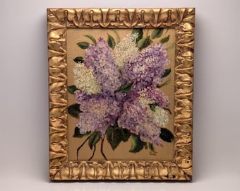 Vintage Lilac Floral Original Acrylic painting in Ornate Gold  Wood Frame signed, Cottagecore Decor.