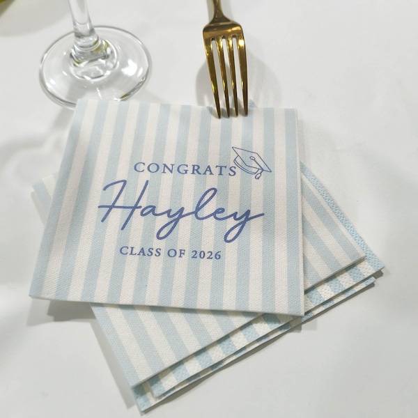 Personalisierte gestreifte Cocktail-Servietten für die Graduierung, Klasse von 2026 Grad Cap Party, Abschlussgeschenk, Abschlussfeier-Dekor, benutzerdefinierte Servietten
