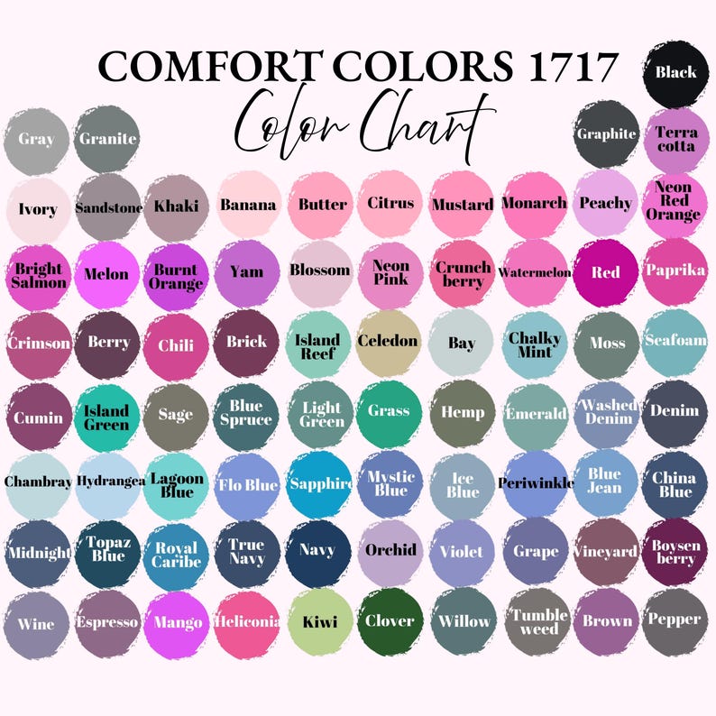 Pode incluir: Um gr&aacute;fico de cores intitulado "COMFORT COLORS 1717" exibe uma variedade de cores de tecido. O gr&aacute;fico inclui tons como "Preto", "Grafite", "Marfim", "C&aacute;qui", "Mostarda", "Marinho", "Orqu&iacute;dea" e "Vinho". Cada cor &eacute; apresentada em uma amostra circular.