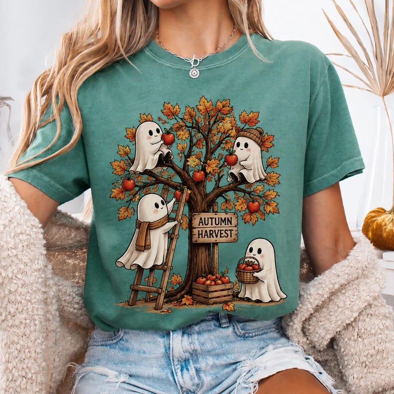 Problem Tree Visual Layout Autumn Harvest Ghost Reading Shirt, Cute Fall Book Lover Tee, Spooky ...
