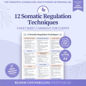 Somatic Regulation Techniques Cheat Sheet / Handout for Clients, Nervous System Regulation, Counsellor Therapy Resource Tool