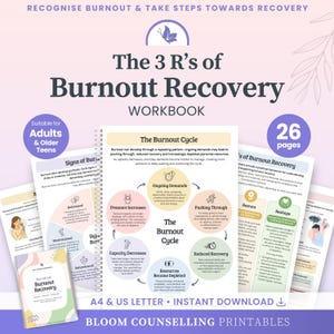以下が含まれることがあります： 「The 3 R's of Burnout Recovery」というタイトルのスパイラル綴じワークブック。中央には、要求、継続、回復の低下、リソース、能力、プレッシャーを示す円形のアイコンで構成されたバーンアウトサイクルの図が描かれています。全26ページ。