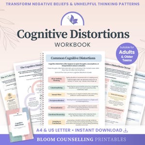 Può includere: Un quaderno di esercizi sulle distorsioni cognitive con diverse pagine contenenti testo, grafici ed elenchi. La copertina mostra il titolo, un'icona a forma di farfalla e il testo Suitable for Adults & Older Teens. Le pagine includono sezioni sulle distorsioni cognitive comuni, le 3 C e schede di lavoro.