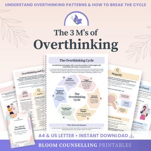 Puede incluir: Una guía digital titulada The 3 M's of Overthinking, que presenta un diagrama circular central del ciclo de sobrepensamiento con seis pasos numerados, rodeado de páginas informativas en tamaños A4 y US Letter para descargar.