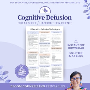 May include: A Cognitive Defusion cheat sheet handout for clients featuring 10 techniques including Leaves on a Stream, Label the Story, and Thank Your Mind. The document is presented as an instant PDF download in US Letter and A4 sizes, with a client handout license included, designed for therapists, counsellors, and practitioners.