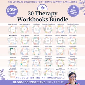 May include: A digital bundle of 30 therapy workbooks featuring over 500 pages for support and wellbeing. The collection includes titles like Inner Strength, Anxiety, and Self Esteem, available in A4 and US Letter sizes as an instant download.