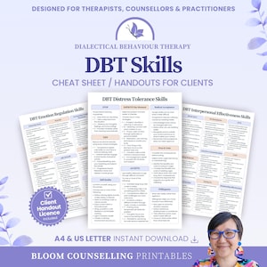 May include: A set of DBT Skills cheat sheets and handouts for therapists, counsellors and practitioners. The documents feature sections on distress tolerance, emotion regulation and interpersonal effectiveness, with a client handout licence included.