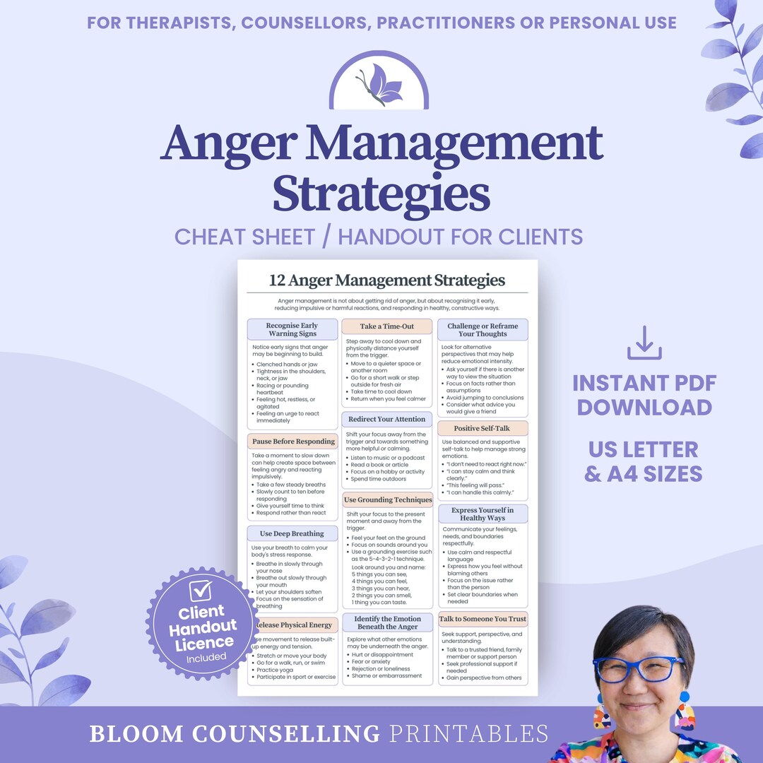 Anger Management Cheat Sheet Handout for Clients, Counsellors ...