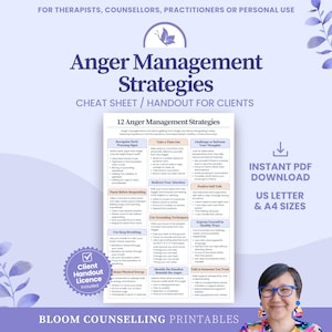Può includere: Una dispensa digitale intitolata Anger Management Strategies che presenta 12 tecniche numerate in una griglia. Il documento include sezioni su respirazione, radicamento e dialogo interiore, con un badge Client Handout Licence e formati A4.