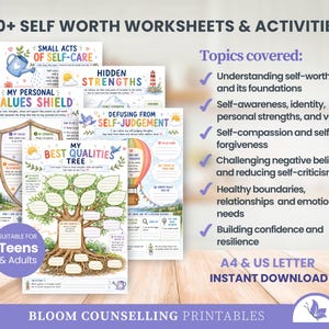 Puede incluir: Una colecci&oacute;n de m&aacute;s de 30 hojas de trabajo y actividades de autoestima para adolescentes y adultos, con ilustraciones coloridas como un &aacute;rbol, un escudo y un globo aerost&aacute;tico. Las p&aacute;ginas incluyen textos para la autorreflexi&oacute;n.