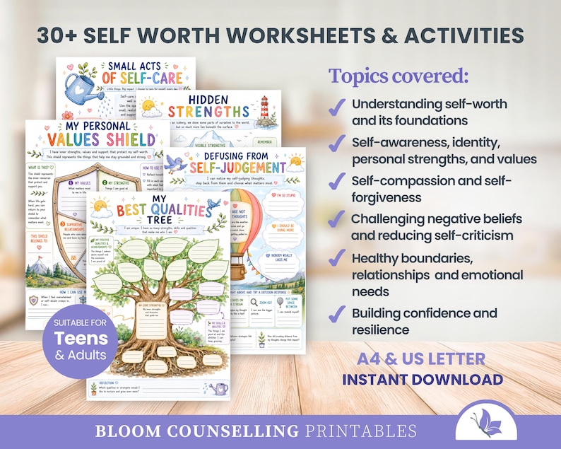 Puede incluir: Una colecci&oacute;n de m&aacute;s de 30 hojas de trabajo y actividades de autoestima para adolescentes y adultos, con ilustraciones coloridas como un &aacute;rbol, un escudo y un globo aerost&aacute;tico. Las p&aacute;ginas incluyen textos para la autorreflexi&oacute;n.