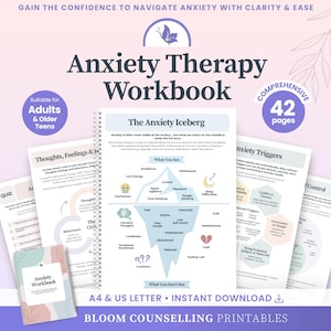 May include: An Anxiety Therapy Workbook with 42 pages, featuring a spiral-bound cover and multiple internal worksheets. The pages include diagrams like The Anxiety Iceberg, text about thoughts, feelings, and behaviors, and sections on triggers.