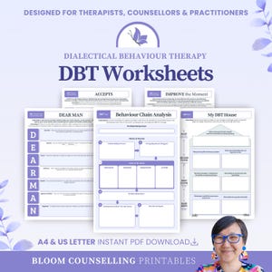 May include: A collection of Dialectical Behaviour Therapy DBT worksheets featuring purple and white layouts. The pages include titles such as DEAR MAN, Behaviour Chain Analysis, and My DBT House, with structured boxes for notes and instructions.