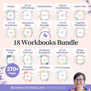 Puede incluir: Una imagen que muestra un conjunto de 18 cuadernos de trabajo, con títulos como "Ansiedad" y "Autoestima". La imagen incluye el texto "18 Workbooks Bundle" y "270+ Pages". Los cuadernos son de Bloom Counselling Printables.