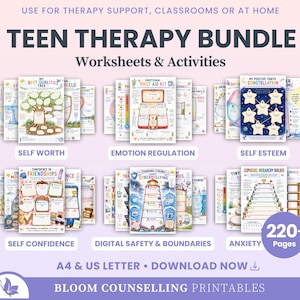 Könnte beinhalten: Ein digitales Therapie-Paket für Jugendliche mit Arbeitsblättern und Aktivitäten auf über 220 Seiten. Die Sammlung umfasst Themen wie Selbstwertgefühl, Emotionsregulation, Selbstvertrauen, digitale Sicherheit und Angst in A4 und US-Format.