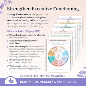 May include: A self-guided workbook titled "Strengthen Executive Functioning" with a list of included features. The workbook includes a 62-page PDF with worksheets, visual frameworks, and practical strategies for improving focus, organization, and emotional regulation. The image also includes a wheel chart.