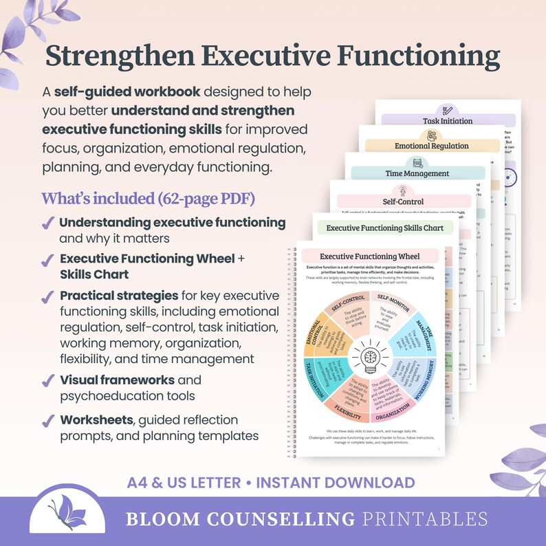 May include: A self-guided workbook titled "Strengthen Executive Functioning" with a list of included features. The workbook includes a 62-page PDF with worksheets, visual frameworks, and practical strategies for improving focus, organization, and emotional regulation. The image also includes a wheel chart.