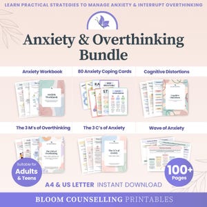 Puede incluir: Un paquete de Anxiety & Overthinking que incluye un libro de ejercicios, 80 tarjetas de afrontamiento, distorsiones cognitivas, las 3 M de la sobrepensación, las 3 C de la ansiedad y una ola de ansiedad. Más de 100 páginas en A4 y US Letter.