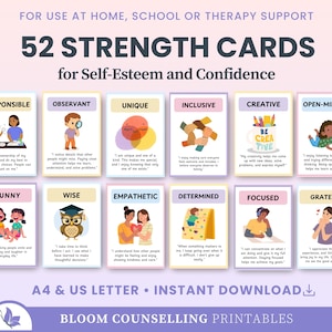 May include: A set of 52 strength cards for self-esteem and confidence, featuring illustrations and text for traits like responsible, observant, unique, inclusive, creative, open-minded, funny, wise, empathetic, determined, focused, and grateful.
