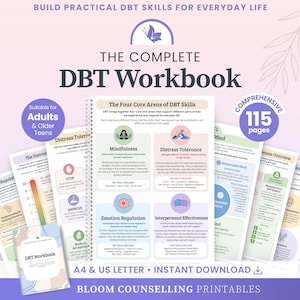 Peut inclure: Un cahier d'exercices DBT à reliure spirale de 115 pages. La couverture et les pages intérieures présentent le titre The Complete DBT Workbook, avec des sections sur la pleine conscience, la tolérance à la détresse, la régulation émotionnelle.