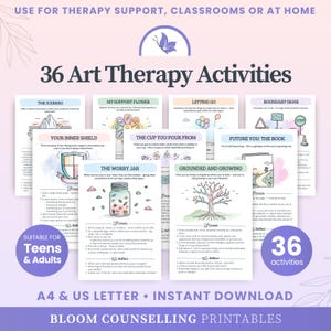 Art Therapy Activities Bundle, Printable Self Care Therapy Worksheets and Journals, Creative Doodle Exercises For Anxiety & Mental Health