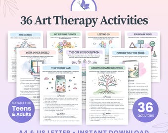 Bundel met activiteiten voor kunsttherapie, printbare werkbladen en dagboeken voor zelfzorgtherapie, creatieve tekenoefeningen voor angst en mentale gezondheid.