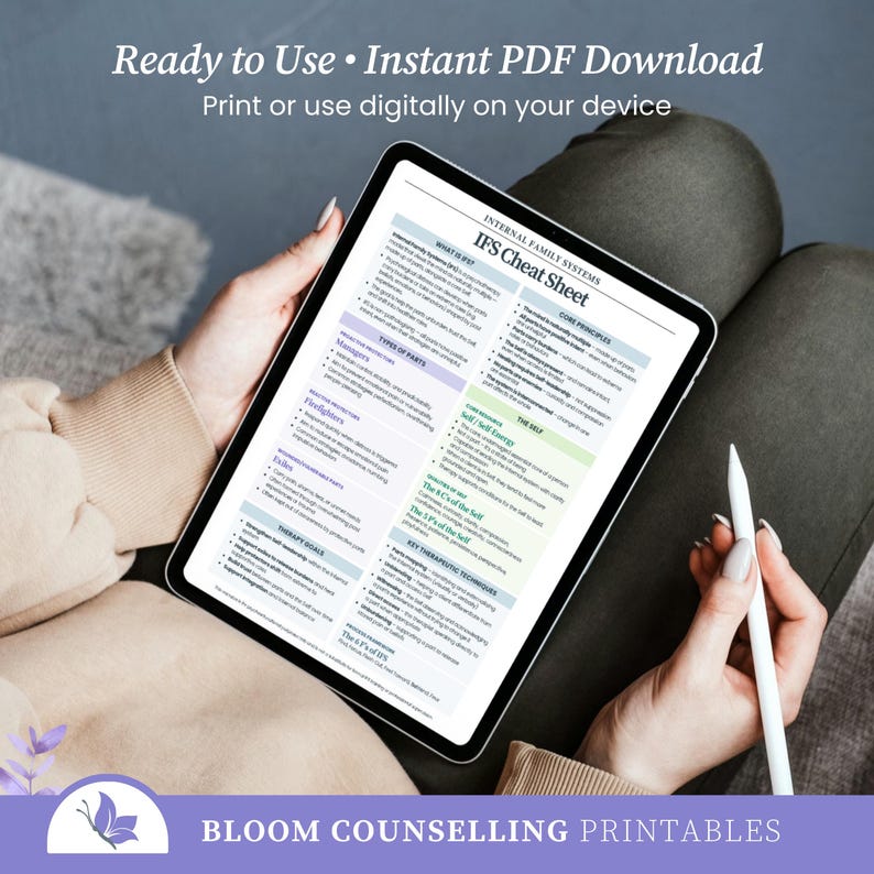 May include: A digital tablet displaying an Internal Family Systems IFS Cheat Sheet with sections on core principles, types of parts, the self, and therapeutic techniques. The text includes Ready to Use Instant PDF Download and Bloom Counselling Printables.