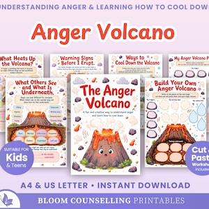 May include: A set of educational worksheets titled The Anger Volcano, featuring illustrations of volcanoes, text prompts for identifying triggers, warning signs, and cooling down methods, designed for kids and teens in A4 and US Letter formats.